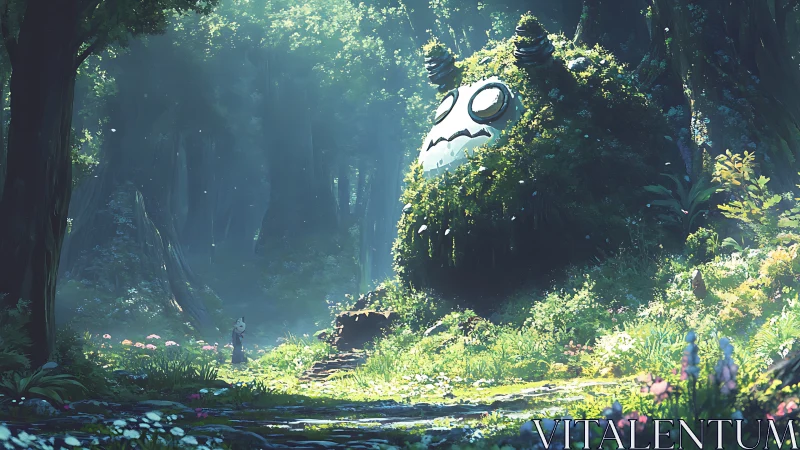 Forest guardian statue rests overgrown in luminous clearing