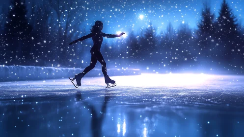 Midnight skater tracing silver echoes on falling snowlight.