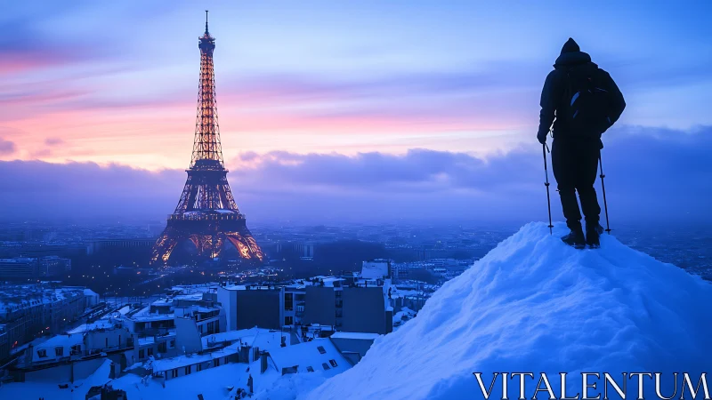 Alpinist silhouette surveying snowbound Paris skyline at dusk.