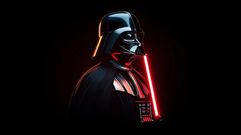 High-contrast sci-fi armor portrait with emissive red lightsaber glow