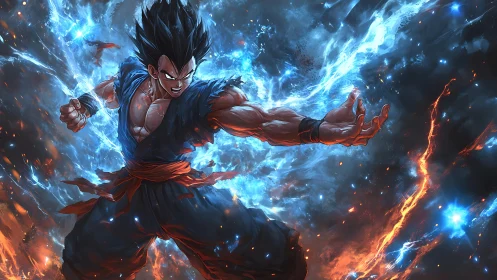 Explosive anime warrior channels electric energy in combat stance