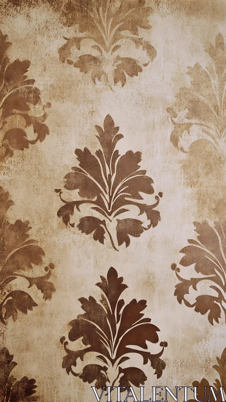 Aged damask wall surface with stenciled floral motifs in sepia tones