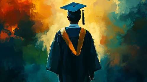 Graduate stands before glowing abstract future portal