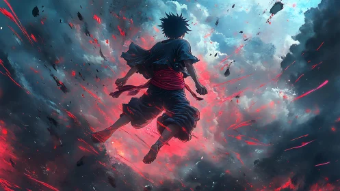 Anime warrior ascends through exploding storm clouds.