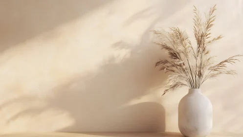 Minimalist pampas arrangement in matte ceramic vase, side-lit