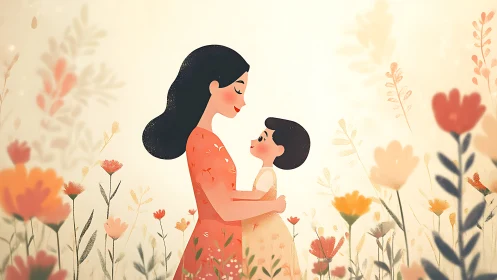 Mother and Child in Blooming Flower Garden