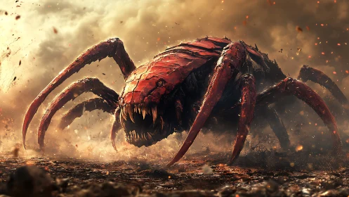 Armored infernal arachnid advancing through particulate storm.