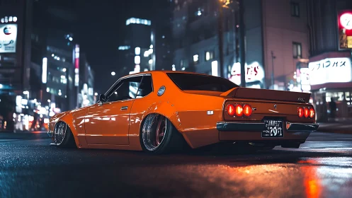 Low-slung orange classic car glows in neon city nightscape.