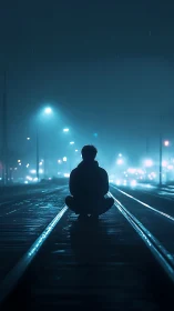 Solitary figure sits on wet railway tracks under blue streetlights