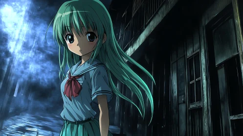 Anime schoolgirl stands in moody alley under blue mist.