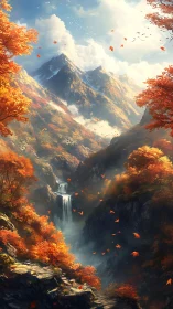 Crimson leaves whirl as mountain waterfalls carve glowing air