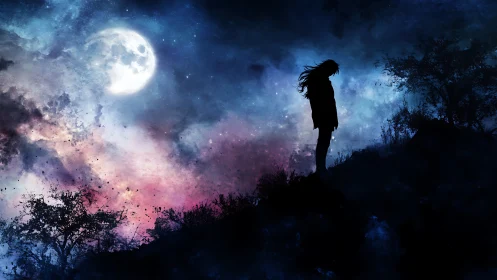 Silhouetted figure stands on ridge under illuminated full moon