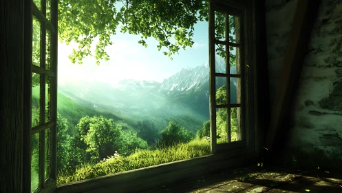 Sunny mountain valley framed by a cozy open window view.
