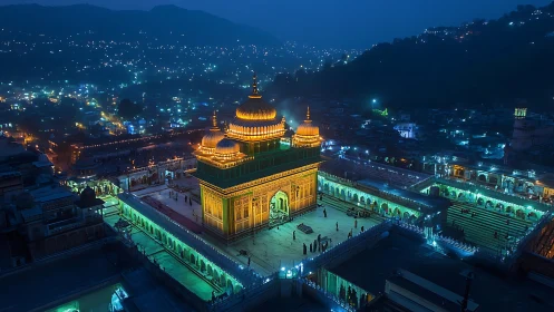 Illuminated shrine courtyard in a dense hillside city at night.
