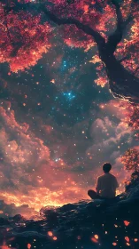 Solitary figure under glowing trees and star-filled night sky.