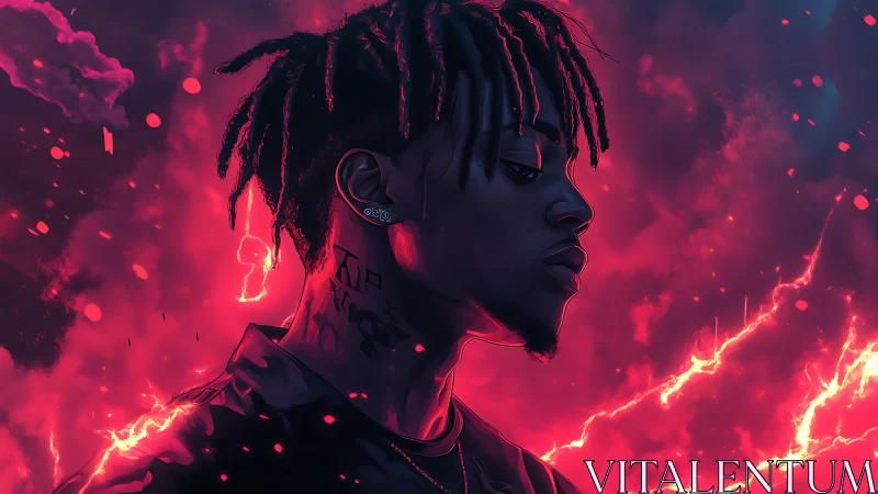 Neon-lit portrait of brooding man amid electric clouds.