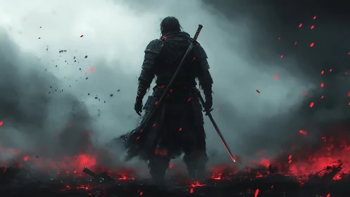 Lone armored warrior steadies his sword in a burning foggy field