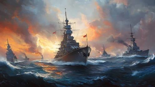 Storm-lit warships cutting through wild painted seas.