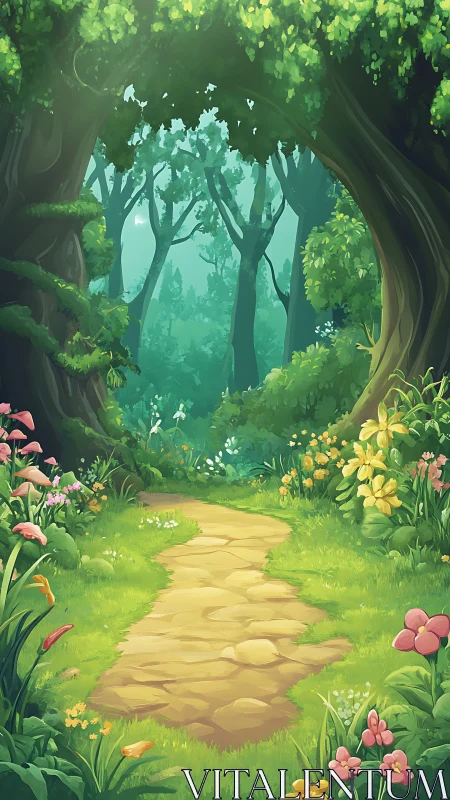 Forest Path Through Ancient Woods with Flowering Undergrowth.