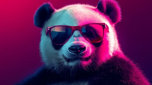 Neon spectral panda portrait with chromatic lens reflections.