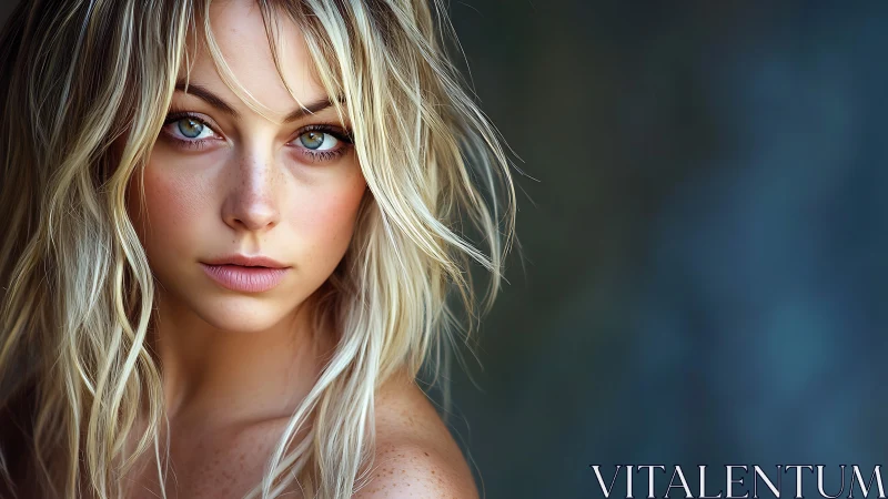 Soft-lit blonde portrait captures serene, freckled intensity.