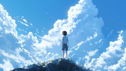 Solitary boy studies towering cumulus clouds in luminous sky