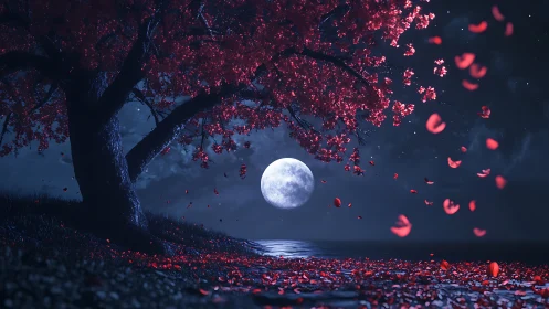 Scarlet blossom tree frames luminous full moon shore.