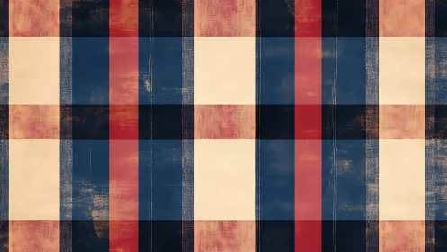 Distressed red navy cream plaid textile pattern background.