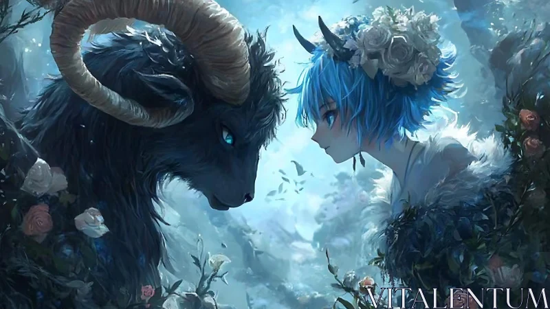 Horned girl meets spirit beast in blue floral forest