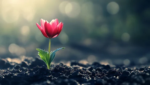 Single red tulip blooms from dark soil at sunrise