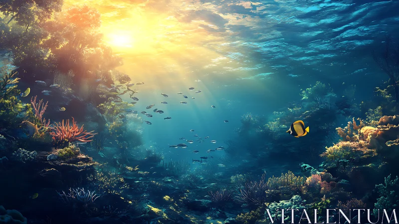 Sunlit coral reef with tropical fish in clear blue water.