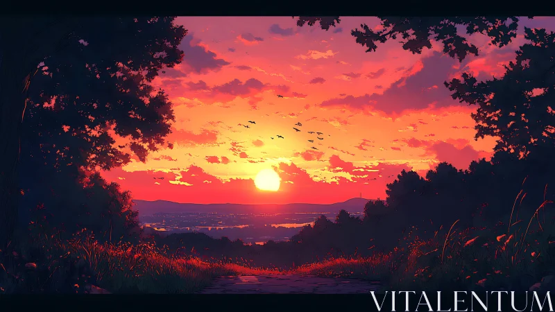 Sunset over valley city glows beneath vivid crimson clouds