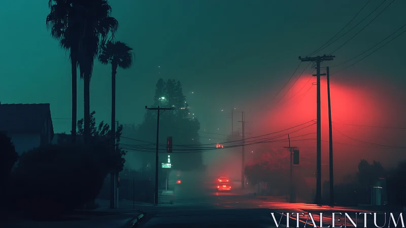 Nocturnal fog corridor with neon-lit vehicular perspective.