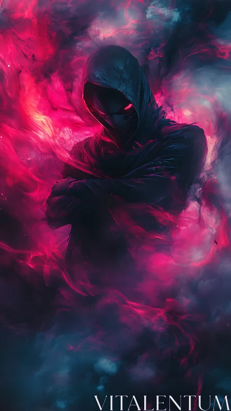 Hooded shadow figure in red and blue swirling smoke.
