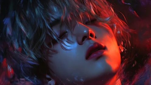 Cinematic close-up portrait uses dual-color rim lighting on skin