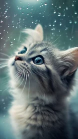 Luminous Whiskers: Feline Wonder Gazes Through Rain-Kissed Glass.