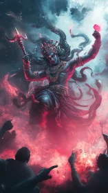 Divine warrior goddess emerging through crimson cosmic fire.