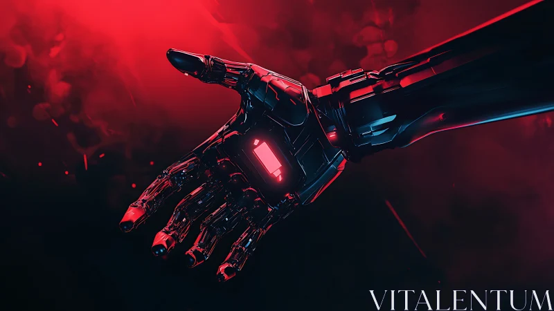Robotic hand in red neon light with dark tech details.
