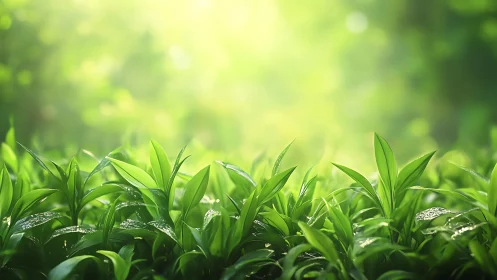 Sunlit green sprouts glow under soft morning backlight.