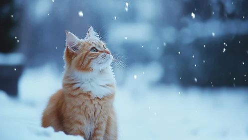 Orange Tabby Cat in Heavy Snowfall with Frost-Covered Fur Details
