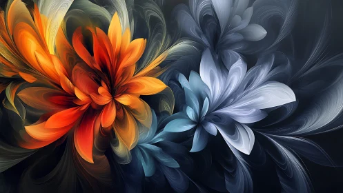 Fractal floral plumes in dual warm cool chromatic contrast