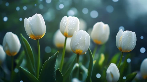 White Tulips with Aureate Centers Displaying Hydrophobic Surface Tension and Bokeh Atmospheric Depth