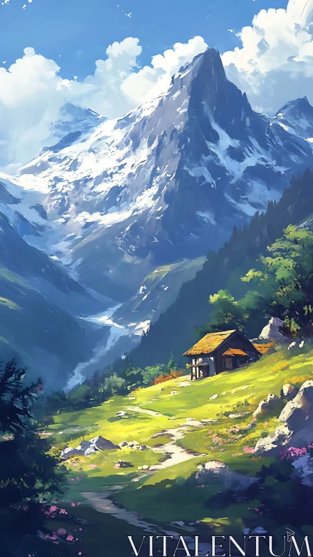 Sunlit mountain meadow cradles a lone cottage in silence