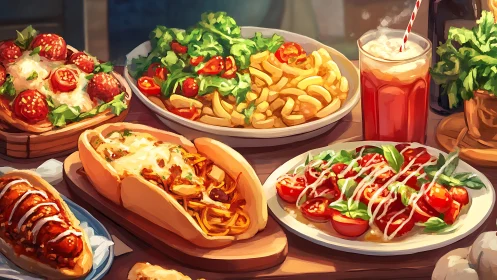 Sunset feast of saucy street food and glowing garden greens.