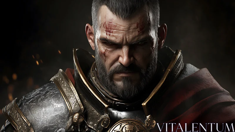 Battle-scarred paladin in engraved plate armor close portrait.