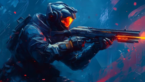 Armored space soldier aims glowing rifle in cyber battle.