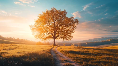 Golden sunset tree welcoming you down a peaceful path.