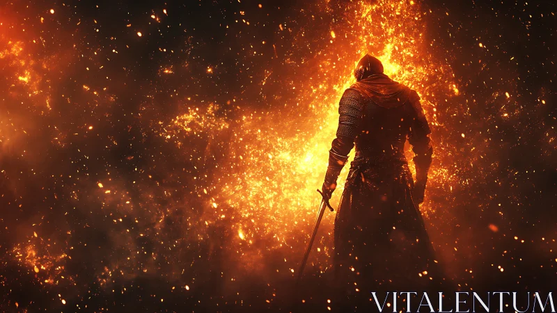 Armored warrior silhouetted against erupting inferno field.
