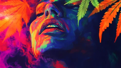 Dreamy neon portrait bathed in glowing leaves and color.