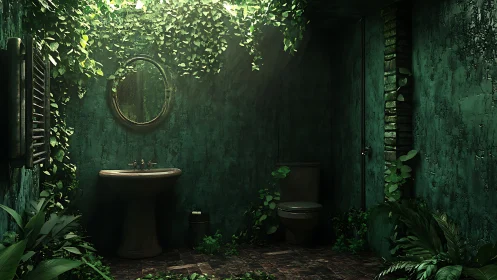 Overgrown green bathroom interior with dense hanging foliage.